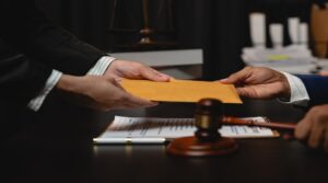 Businessman hands money envelope to lawyer in bribe over illegal